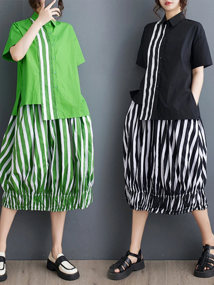 Summer Striped Print 2 Two Piece Set Women Irregular Patchwork Fashion Ladies Cropped Shirts Loose Casual Pleated Woman Skirts
Summer Striped Print 2 Two Piece Set Women Irregular Patchwork Fashion Ladies Cropped Shirts Loose Casual Pleated Woman Skirts