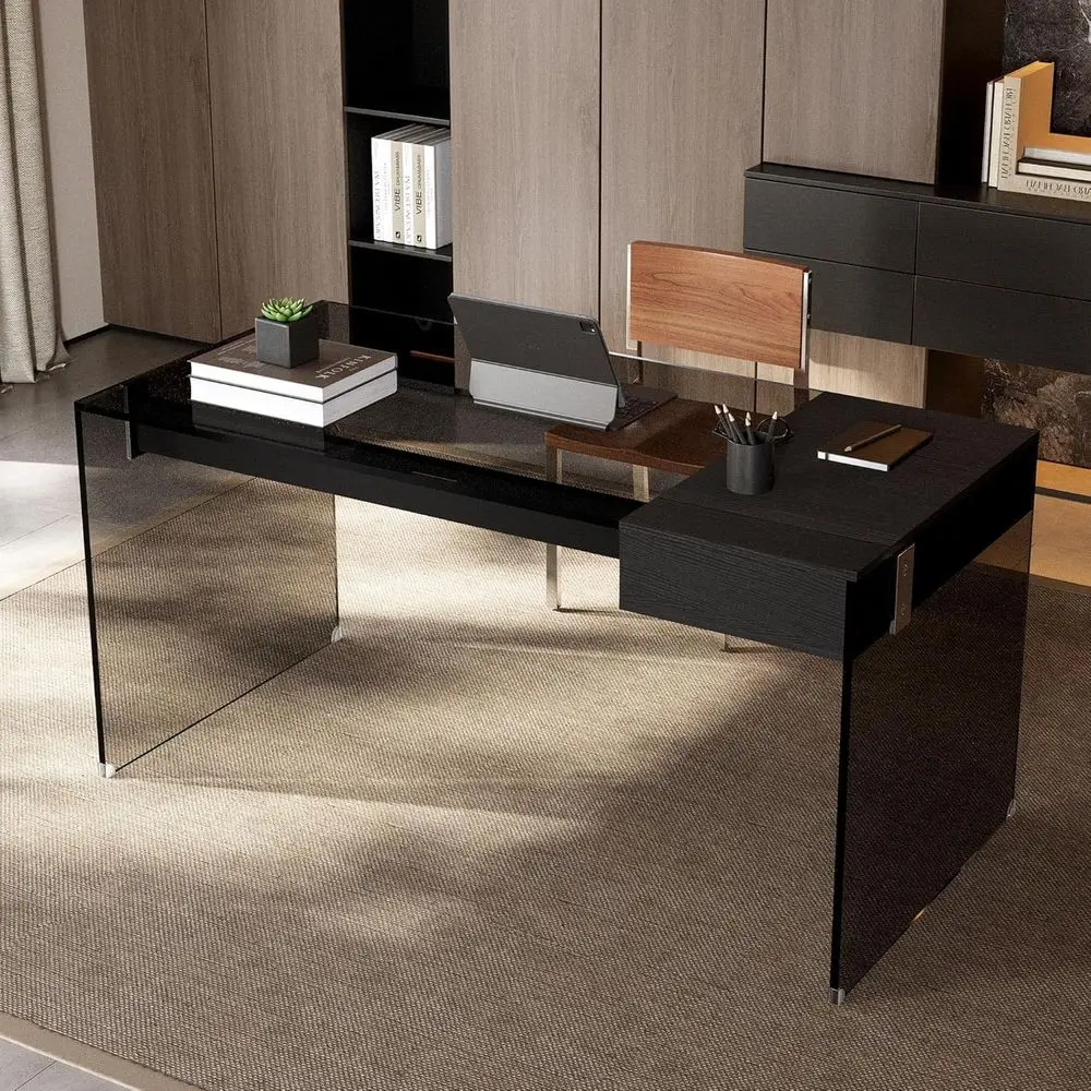 53.14 Tempered Glass Desk, Executive Style, Black Wood Finish, Minimalist Home Office Workstation
53.14 Tempered Glass Desk, Executive Style, Black Wood Finish, Minimalist Home Office Workstation