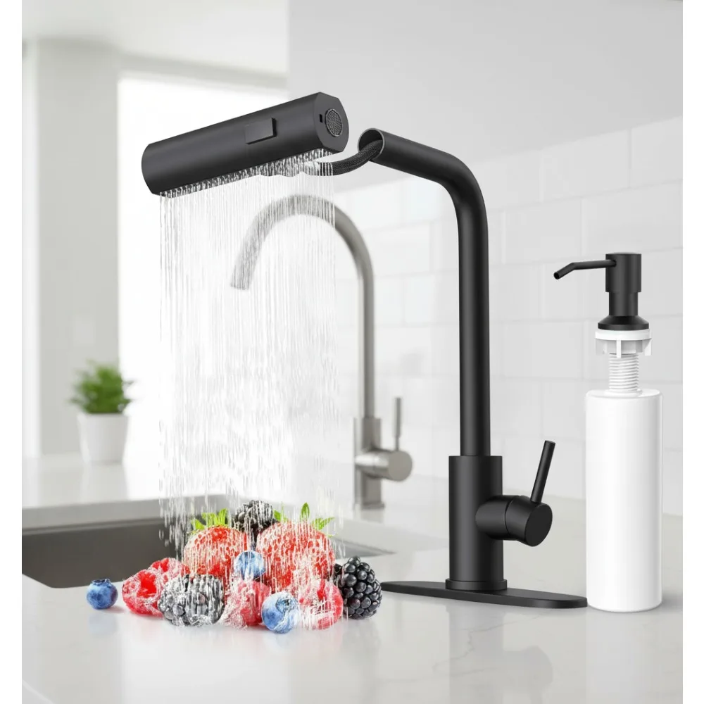 Matte Black Kitchen Faucet with Pull Down Sprayer & Soap Dispenser, 3-Mode Waterfall Tap, Easy Install for Farmhouse RV
Matte Black Kitchen Faucet with Pull Down Sprayer & Soap Dispenser, 3-Mode Waterfall Tap, Easy Install for Farmhouse RV
