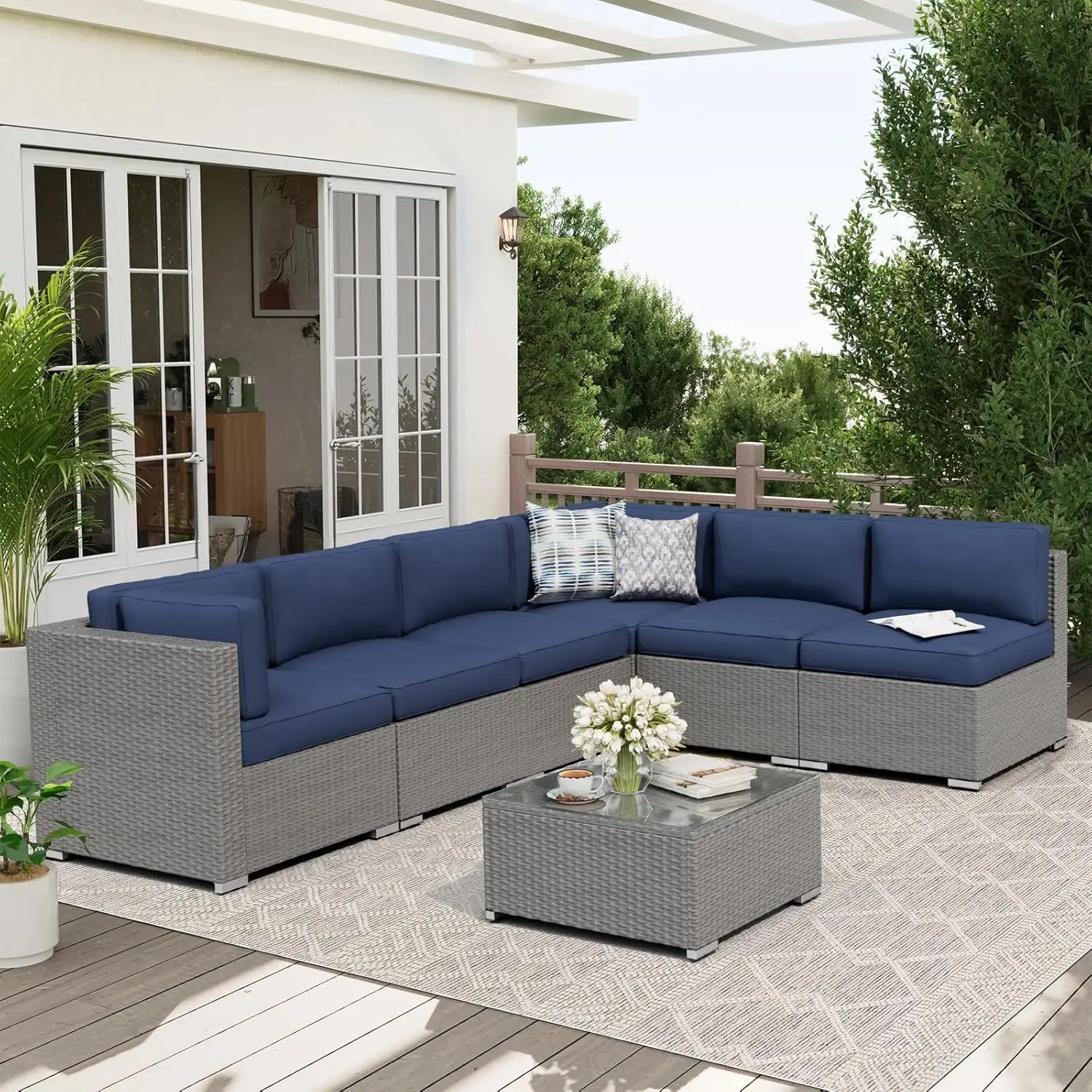 7-Piece Outdoor Patio Furniture Set Grey Rattan Wicker Sectional Sofa Conversation Sets with Cushions and Glass Top, Custom
7-Piece Outdoor Patio Furniture Set Grey Rattan Wicker Sectional Sofa Conversation Sets with Cushions and Glass Top, Custom