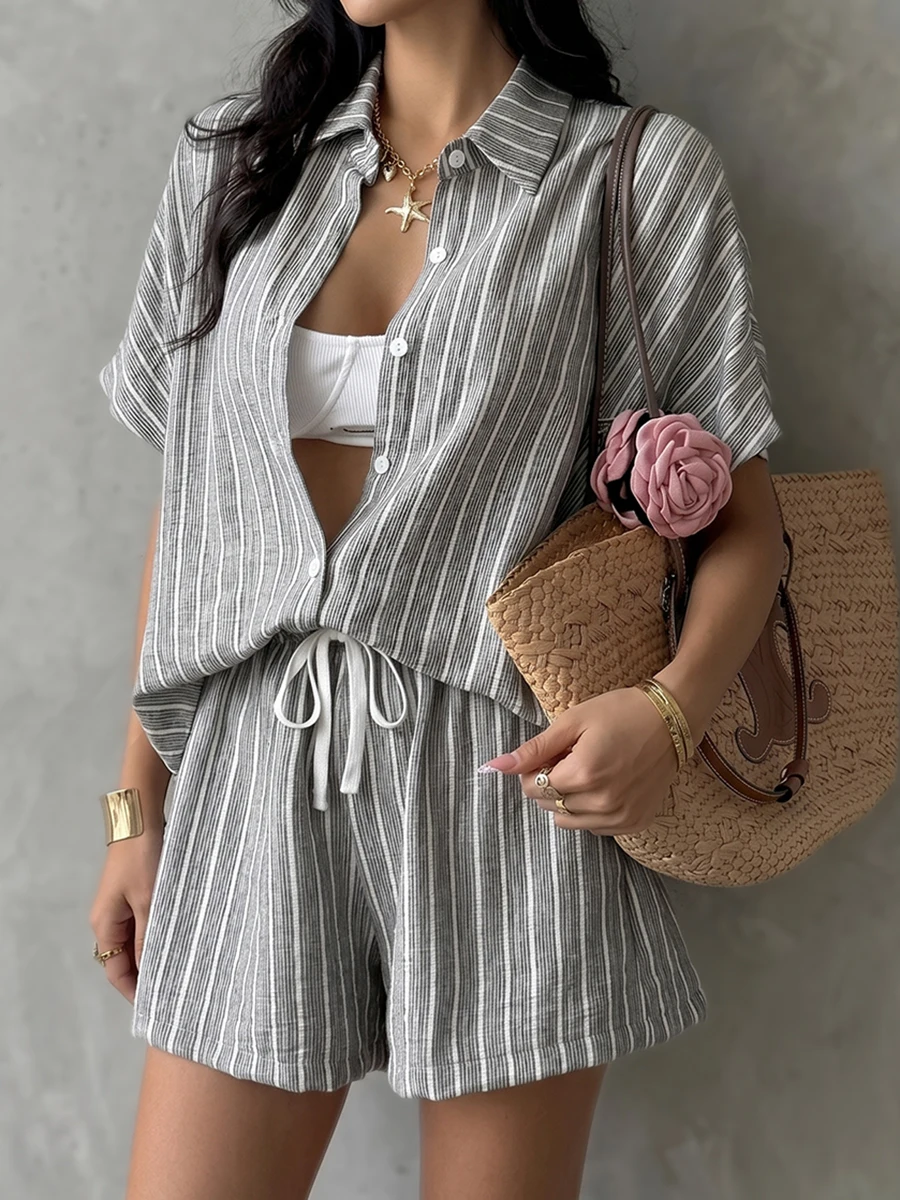 Onecozyday Women's Striped 2 Piece Set Short Sleeve Button-Down Shirt Top & Drawstring Waist Casual Shorts Summer Vacation Suit
Onecozyday Women's Striped 2 Piece Set Short Sleeve Button-Down Shirt Top & Drawstring Waist Casual Shorts Summer Vacation Suit