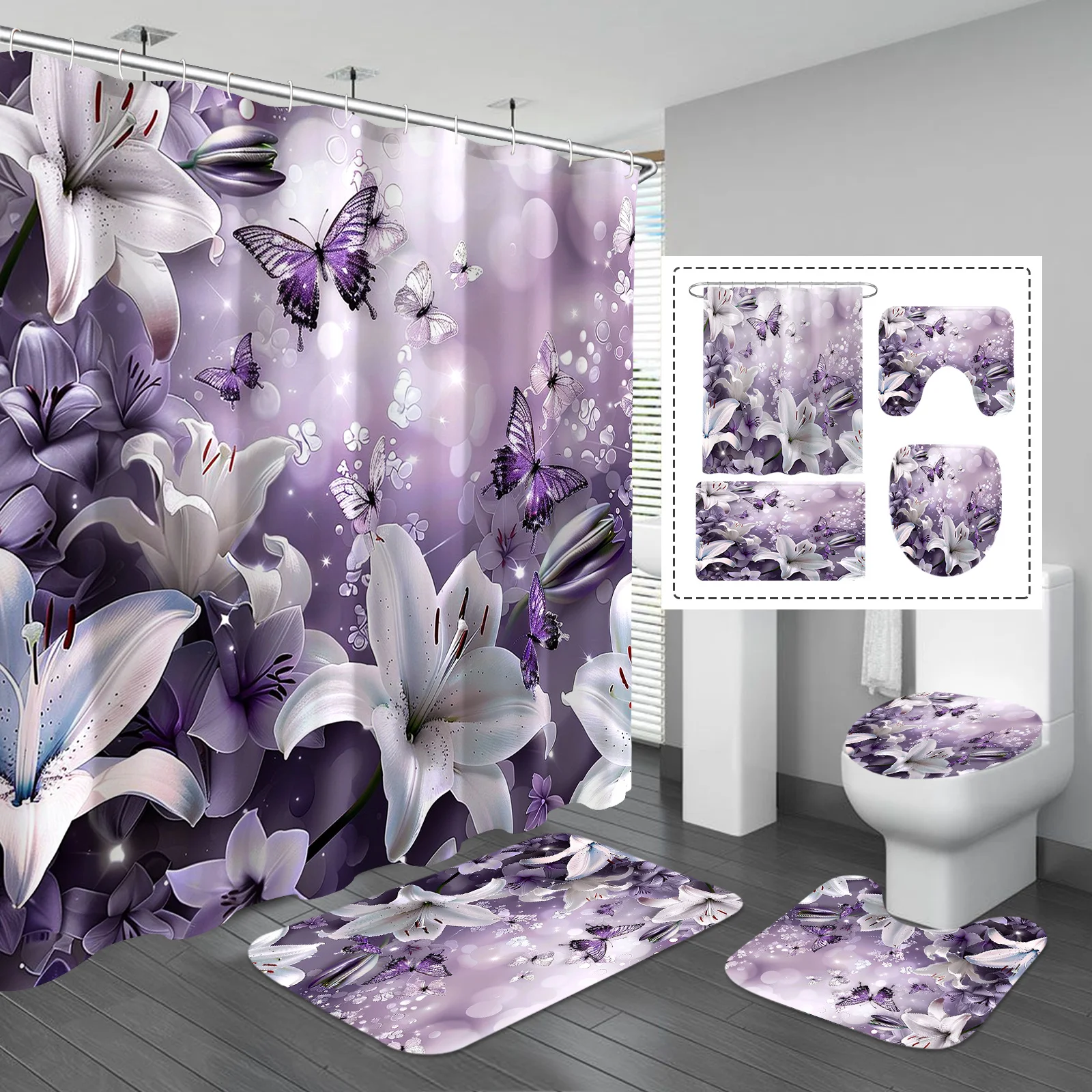 4-piece purple and white flower bathroom set elegant butterfly shower curtain bathroom floor mat U-shaped mat toilet lid mat
4-piece purple and white flower bathroom set elegant butterfly shower curtain bathroom floor mat U-shaped mat toilet lid mat