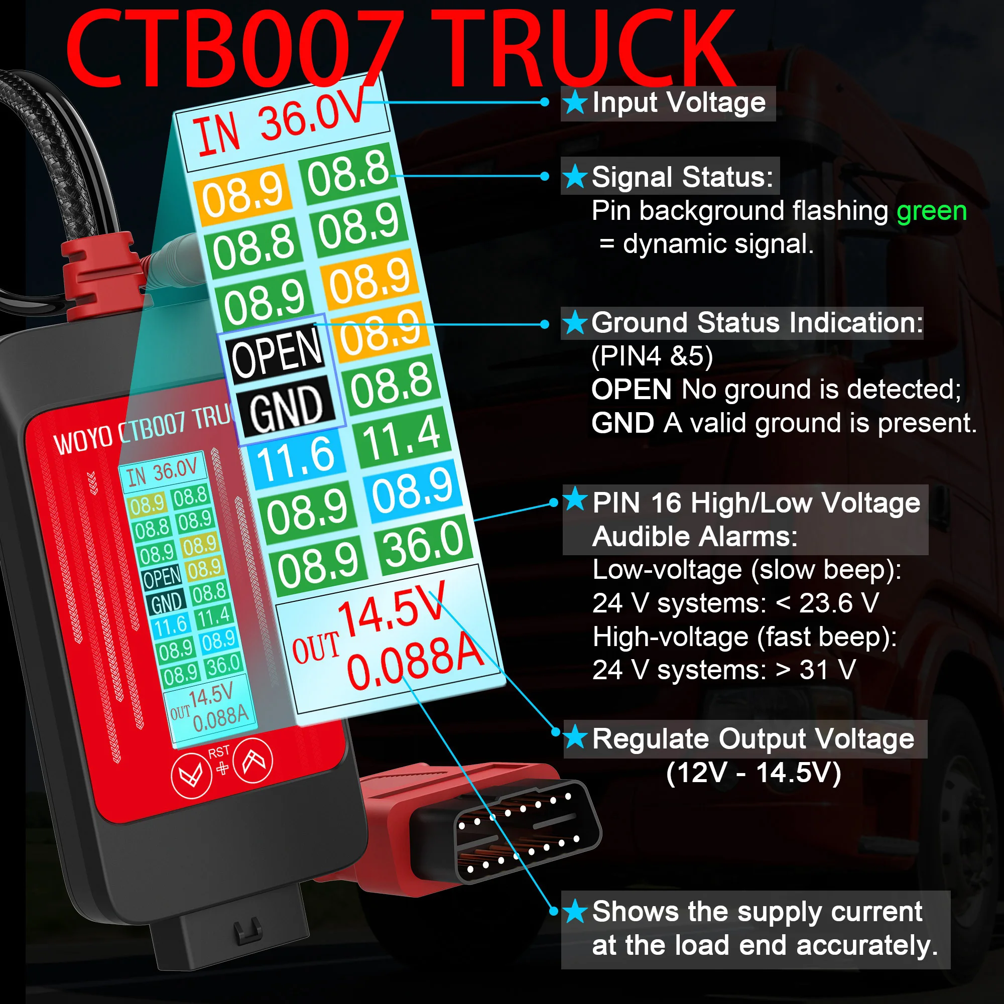 WOYO CTB007 TRUCK Regulated Output Voltage Converter 24V to 24V/12V-14.5V LCD Displays Vrms Real-Time OBD-II Pin Voltage Monitor
WOYO CTB007 TRUCK Regulated Output Voltage Converter 24V to 24V/12V-14.5V LCD Displays Vrms Real-Time OBD-II Pin Voltage Monitor