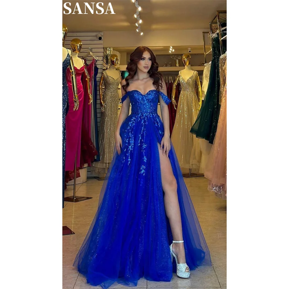 Sansa Sexy A-line Blue Glitter Lace Evening Dress Floor-Length Off Shoulder Wedding Dresses Sleeveless Splite vestidos de fiesta
Sansa Sexy A-line Blue Glitter Lace Evening Dress Floor-Length Off Shoulder Wedding Dresses Sleeveless Splite vestidos de fiesta