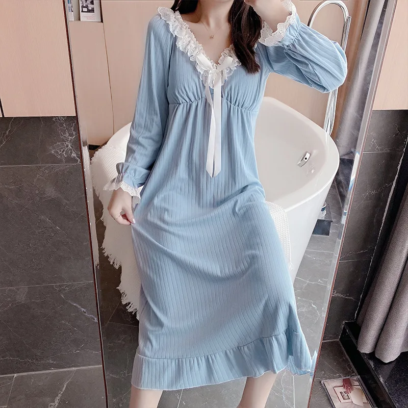 Sweet Princess Night Dress V Neck Long Sleeve Women's Nightgowns 100% Cotton Sleepwear Dresses Female Night Wear For Ladies
Sweet Princess Night Dress V Neck Long Sleeve Women's Nightgowns 100% Cotton Sleepwear Dresses Female Night Wear For Ladies