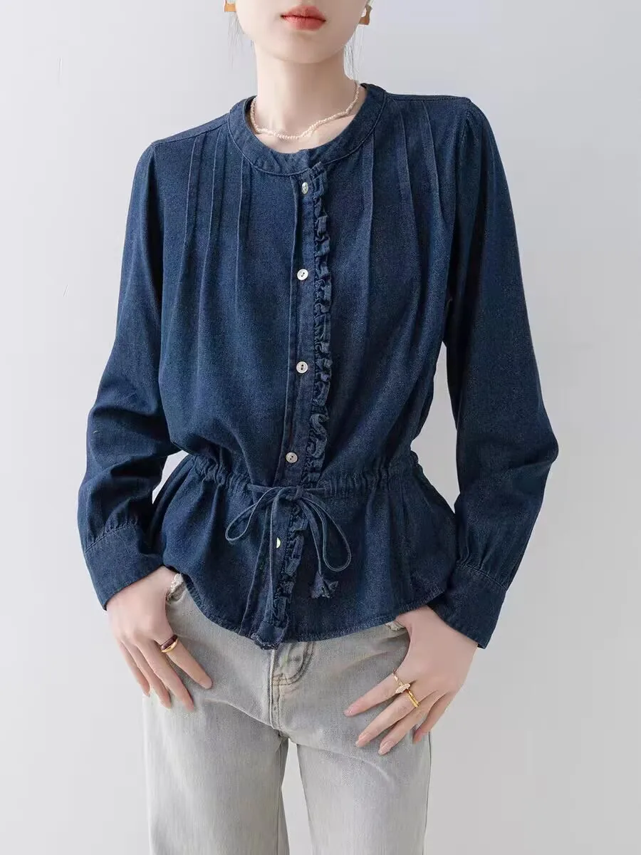 Retro Loose round Ne Denim irt Women's Dstring Waist Slimming Cotton Long Sve Casual Top Folded Wood ain
Retro Loose round Ne Denim irt Women's Dstring Waist Slimming Cotton Long Sve Casual Top Folded Wood ain