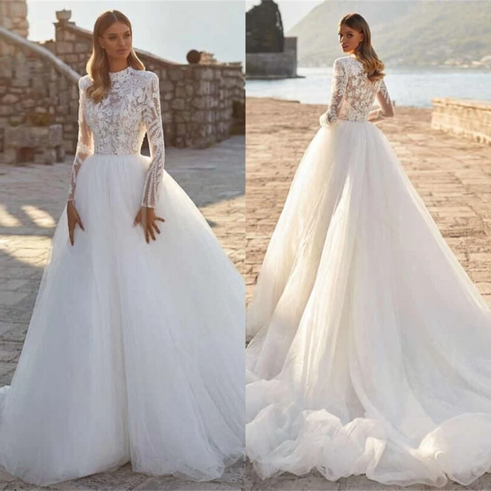 Customized White Tulle Bridal Gowns High Quality Crew Neck Long Sleeves Wedding Dress Chapel Train Zipper Back Vestido De Novia
Customized White Tulle Bridal Gowns High Quality Crew Neck Long Sleeves Wedding Dress Chapel Train Zipper Back Vestido De Novia