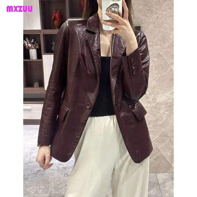 Genuine Leather Suit Jacket Spring Autumn Women Oil Wax Sheepskin Dark Red Fashion Slim Coat Jaqueta Feminina Couro Legítimo
Genuine Leather Suit Jacket Spring Autumn Women Oil Wax Sheepskin Dark Red Fashion Slim Coat Jaqueta Feminina Couro Legítimo
