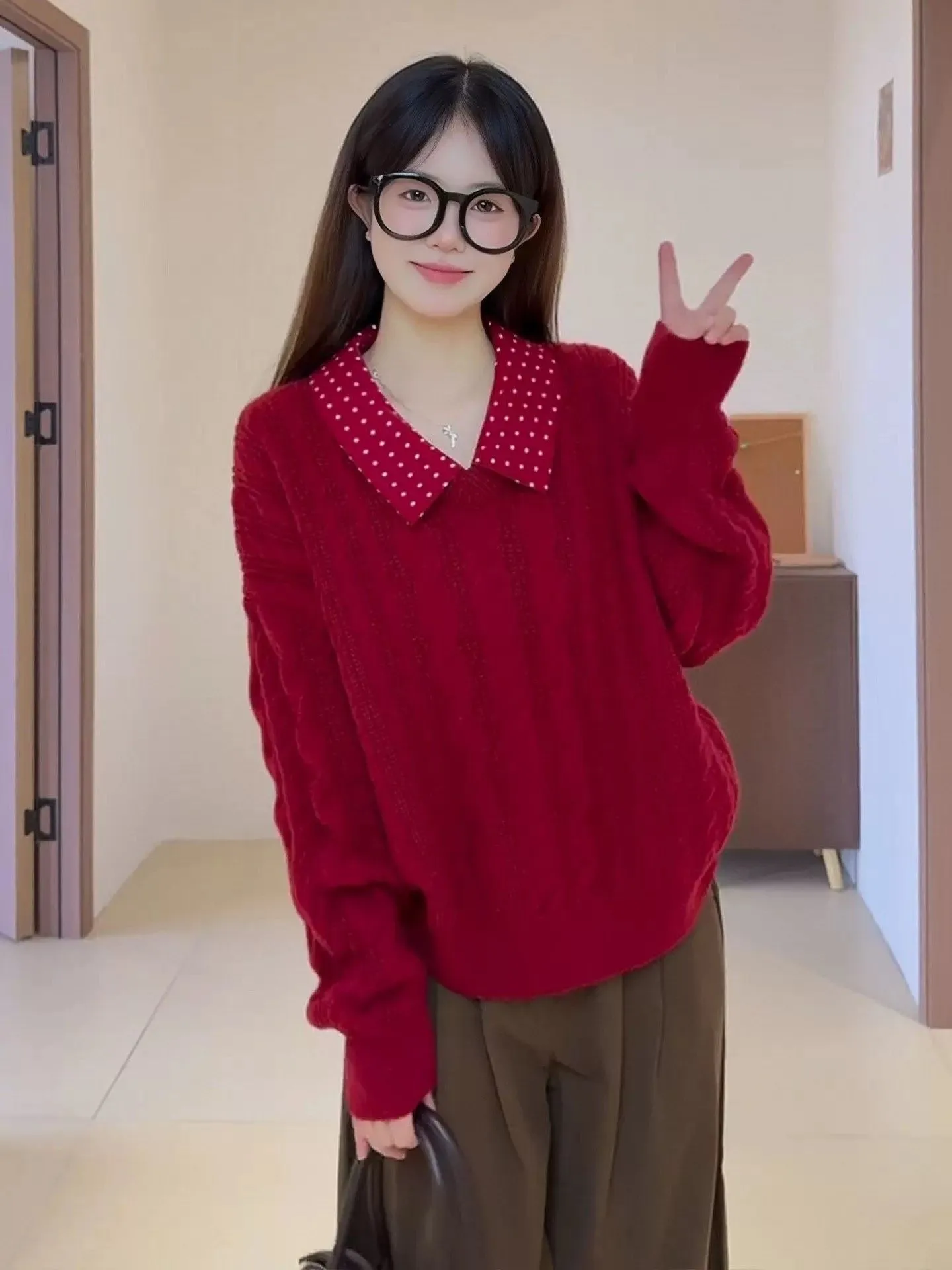Polka Dot Collar Long Sve Knitted Sweater Loose Fit New Year Red Inner Wear Top for Women Korean Sle Casual Faion
Polka Dot Collar Long Sve Knitted Sweater Loose Fit New Year Red Inner Wear Top for Women Korean Sle Casual Faion