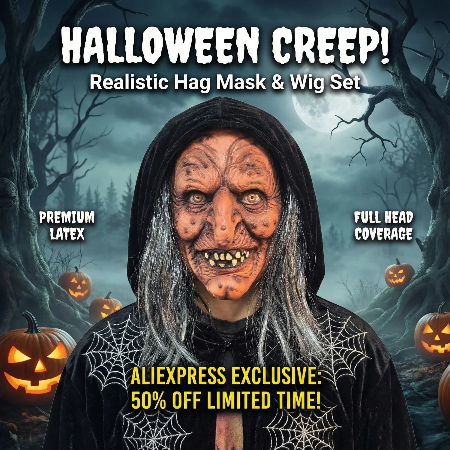 Realistic Creepy Witch Mask Latex Old Lady Hag Headgear Halloween Horror Party Cosplay Costume Prop
Realistic Creepy Witch Mask Latex Old Lady Hag Headgear Halloween Horror Party Cosplay Costume Prop