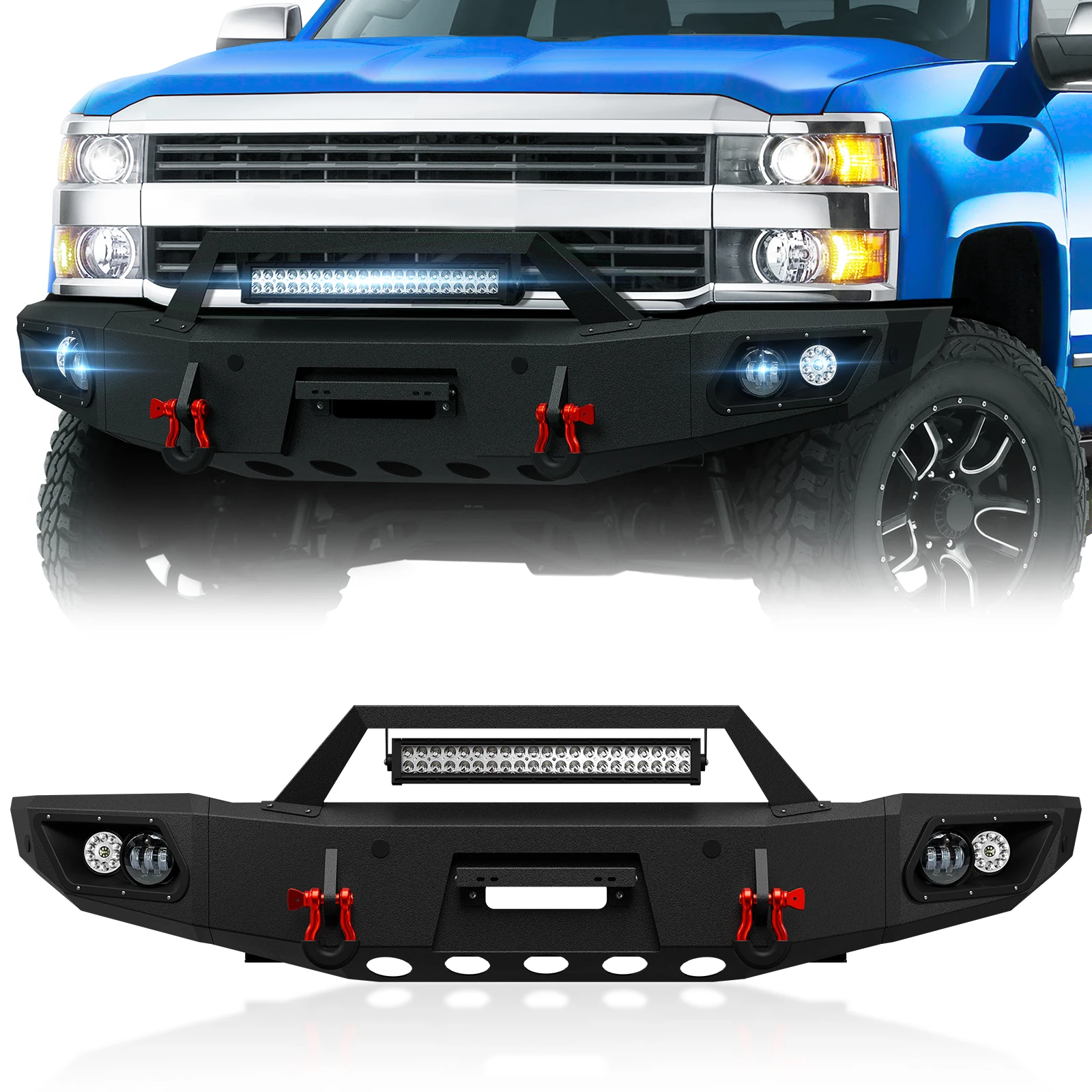 Front Bumper With Winch Plate & Sensor Holes & 5 X LED Lights & License Plate Bracket for 2015-2019 Chevy Silverado 2500 3500 HD
Front Bumper With Winch Plate & Sensor Holes & 5 X LED Lights & License Plate Bracket for 2015-2019 Chevy Silverado 2500 3500 HD