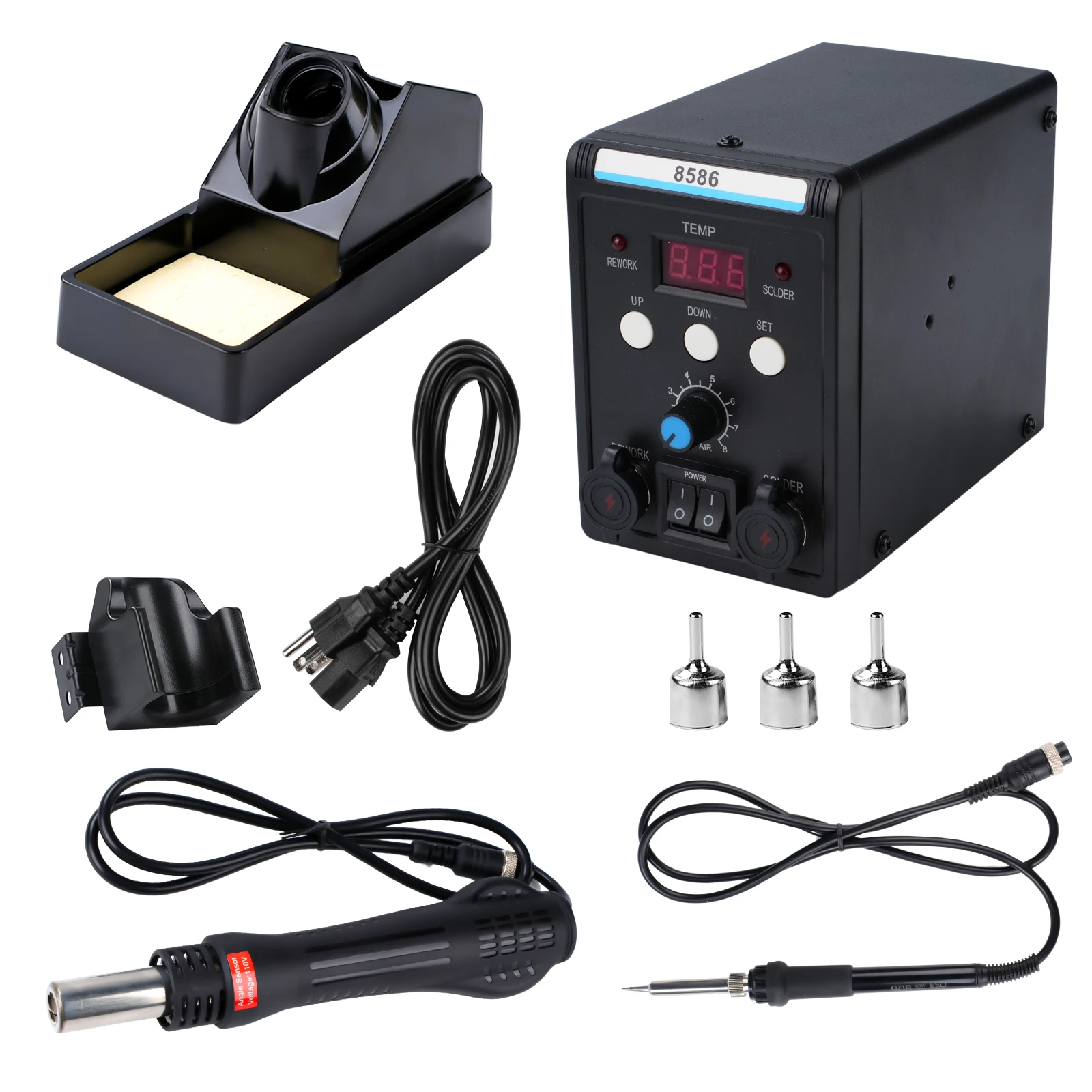 2 in 1 Soldering Station 8586 Digital Display Hot Air Gun Solder Iron Desoldering Tools US 110V Brazing station Digital display
2 in 1 Soldering Station 8586 Digital Display Hot Air Gun Solder Iron Desoldering Tools US 110V Brazing station Digital display