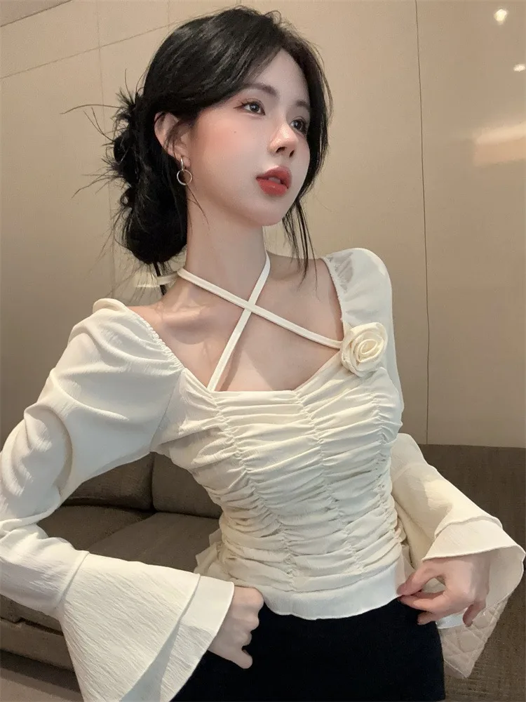 Shoulder Bared Long Sleeve Top with Pleated Flared Cuffs And 3D Floral Design for Women Commute Style Slim Fit Autumn Top
Shoulder Bared Long Sleeve Top with Pleated Flared Cuffs And 3D Floral Design for Women Commute Style Slim Fit Autumn Top