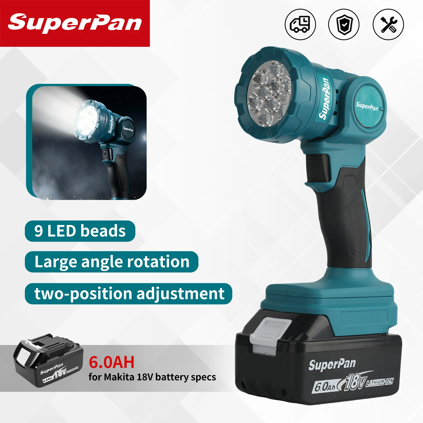 SuperPan Cordless LED Work Light 9-LED Rotatable 2-Position Adjustable Fits Makita 18V Battery Specs For Workshop Camping Repair
SuperPan Cordless LED Work Light 9-LED Rotatable 2-Position Adjustable Fits Makita 18V Battery Specs For Workshop Camping Repair