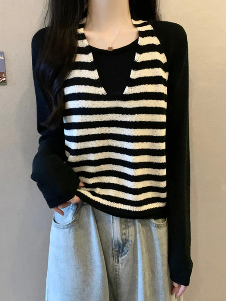 Y2k 2025 Oversized Pullovers Fake Two Piece Halter Long Sleeve Striped Contrast Color Thin Sweaters Design New Women's Clothing
Y2k 2025 Oversized Pullovers Fake Two Piece Halter Long Sleeve Striped Contrast Color Thin Sweaters Design New Women's Clothing