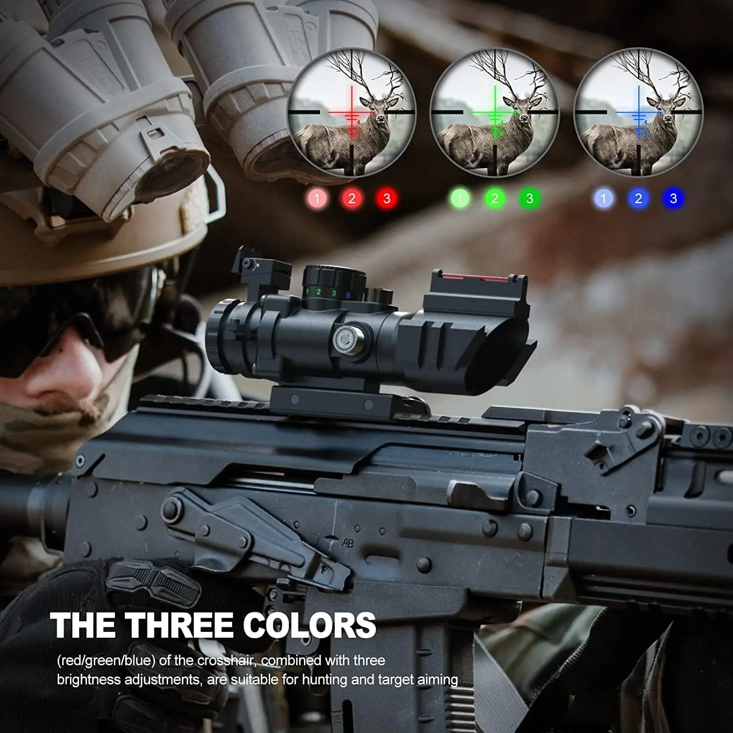 Feyachi Rifle Scope 4x32 Red-Green-Blue Triple Illuminated Rapid Range Reticle Scope with Top Fiber Optic Sight
Feyachi Rifle Scope 4x32 Red-Green-Blue Triple Illuminated Rapid Range Reticle Scope with Top Fiber Optic Sight