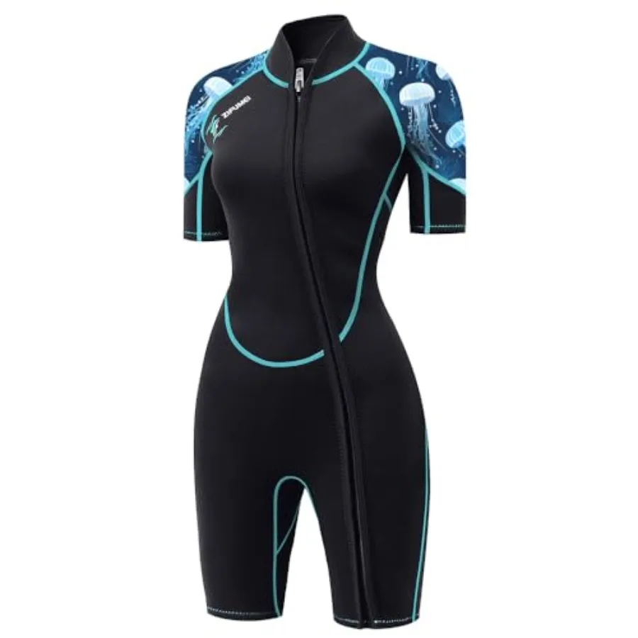 Women's 3mm shorty wetsuit for cold-water snorkeling, surfing, swimming: neoprene dive skin with front-back zip, black with the
Women's 3mm shorty wetsuit for cold-water snorkeling, surfing, swimming: neoprene dive skin with front-back zip, black with the