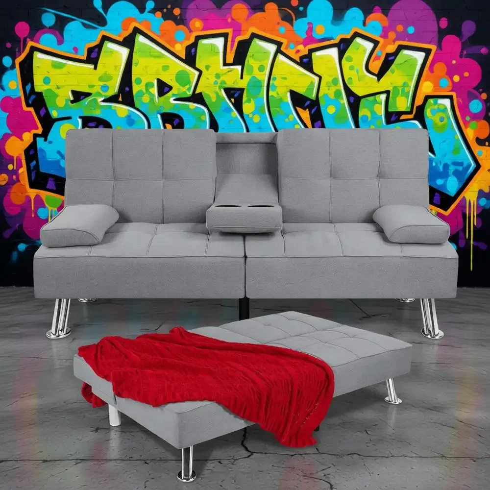 Серый диван-кровать с откидной спинкой со съемными подлокотниками и двумя подстаканниками
Серый диван-кровать с откидной спинкой со съемными подлокотниками и двумя подстаканниками