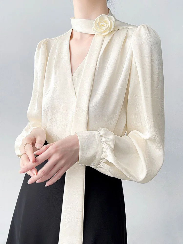 V Neck Elegant Satin Shirt Women Fashion Lace Up 3d Floral Sweet Blouse French Chic Long Sleeve Slim Spring Office Lady Tops New
V Neck Elegant Satin Shirt Women Fashion Lace Up 3d Floral Sweet Blouse French Chic Long Sleeve Slim Spring Office Lady Tops New