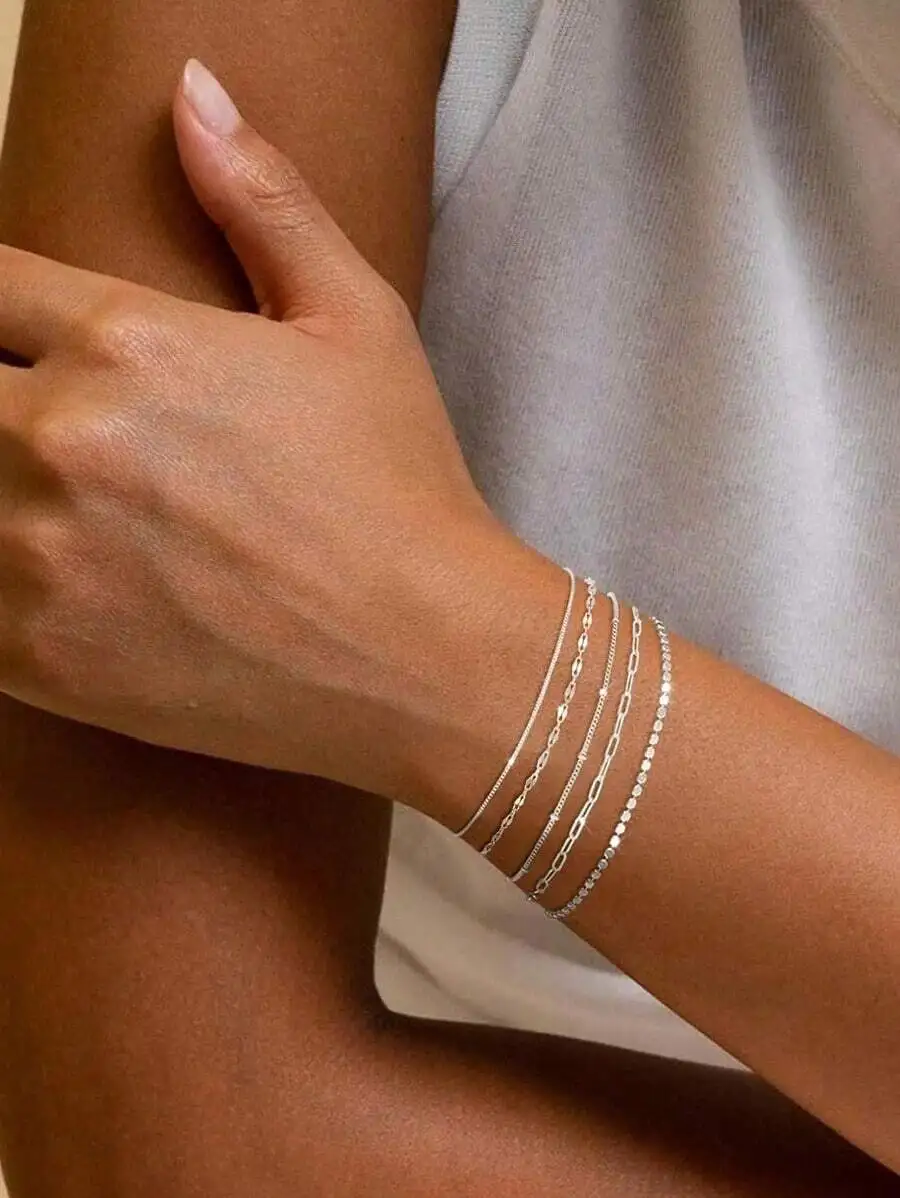 5pcs Elegant Adjustable Gold Tone Bracelets, Minimalist Style, Suitable For Women (Bead Quantity On Chain Is Random, But Length
5pcs Elegant Adjustable Gold Tone Bracelets, Minimalist Style, Suitable For Women (Bead Quantity On Chain Is Random, But Length