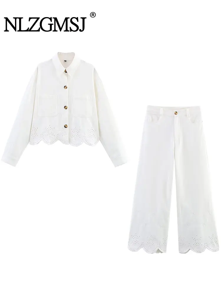 2025 Spring Summer Casual Solid Women Suit Turn-down Collar Long Sleeve Hollow Embroidery Jacket Loose Pants Fashion Sets
2025 Spring Summer Casual Solid Women Suit Turn-down Collar Long Sleeve Hollow Embroidery Jacket Loose Pants Fashion Sets