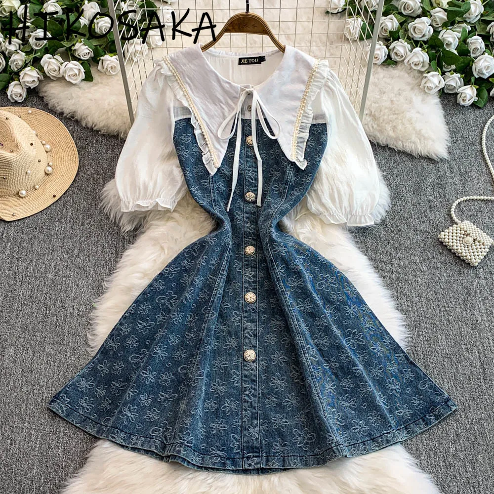 French Style Vintage Denim Dress 2025 Summer New Peter Pan Collar Lace Up Puff Sleeve Robe Single Breasted Big Swing Vestidos
French Style Vintage Denim Dress 2025 Summer New Peter Pan Collar Lace Up Puff Sleeve Robe Single Breasted Big Swing Vestidos