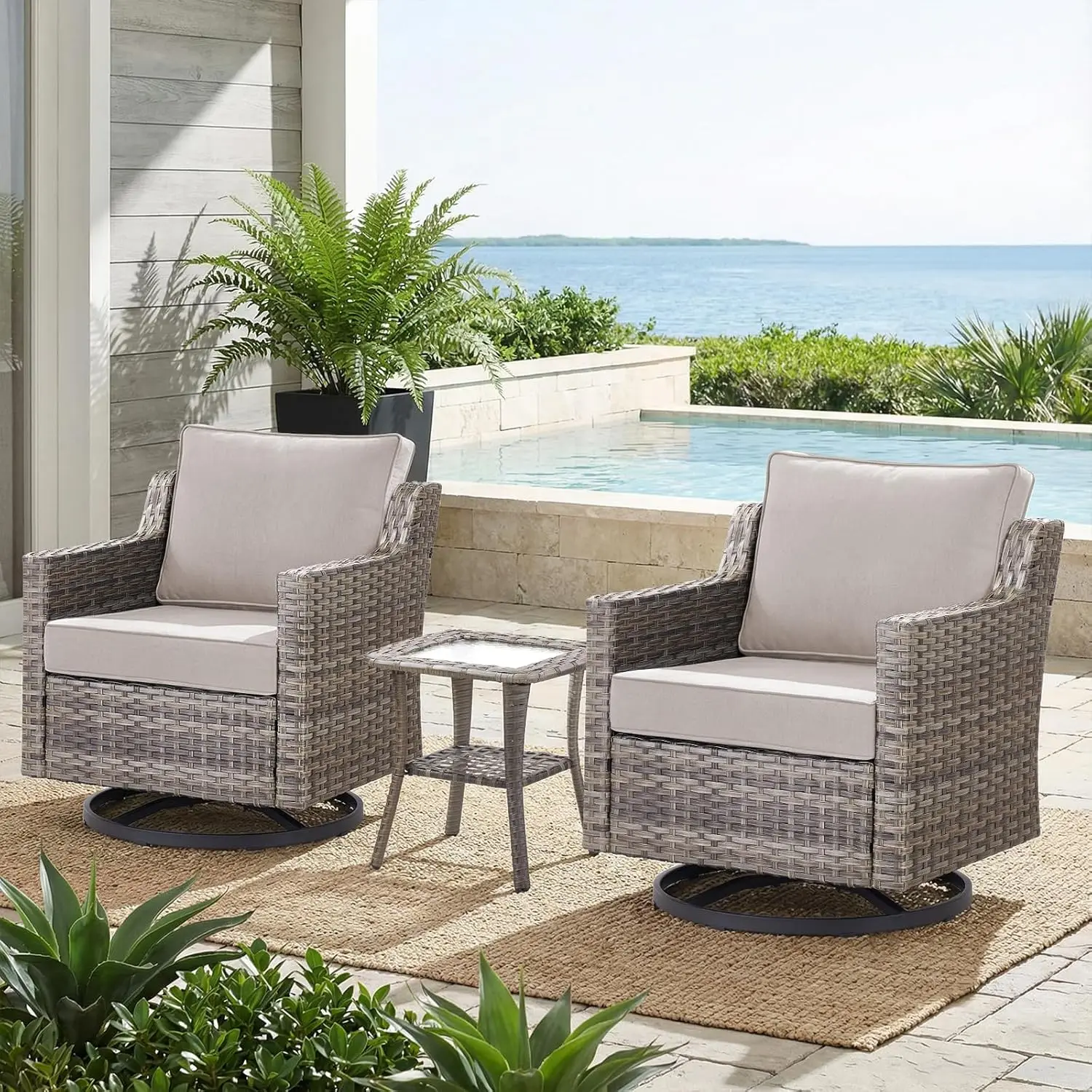 3 Piece Patio Wicker Swivel Rocker Chairs & Side Table Outdoor Rattan Set Beige, Customized
3 Piece Patio Wicker Swivel Rocker Chairs & Side Table Outdoor Rattan Set Beige, Customized