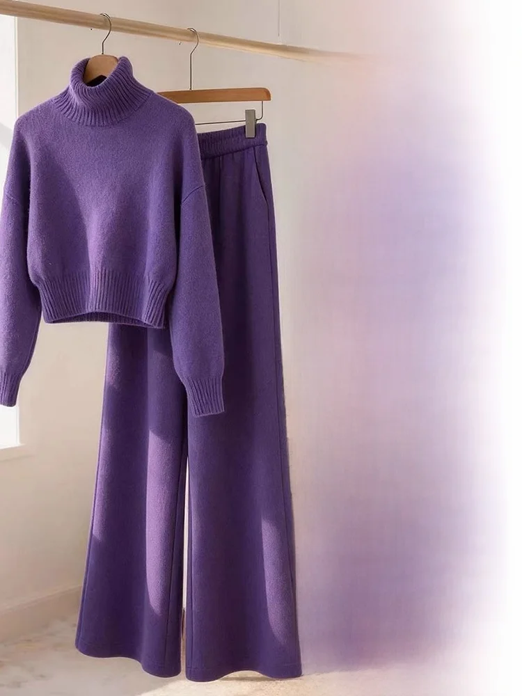 Casual Purple High Collar Sweater And Wide Leg Pants Two Piece Set for Women Winter Fashion Lazy Style Korean System New 2026
Casual Purple High Collar Sweater And Wide Leg Pants Two Piece Set for Women Winter Fashion Lazy Style Korean System New 2026