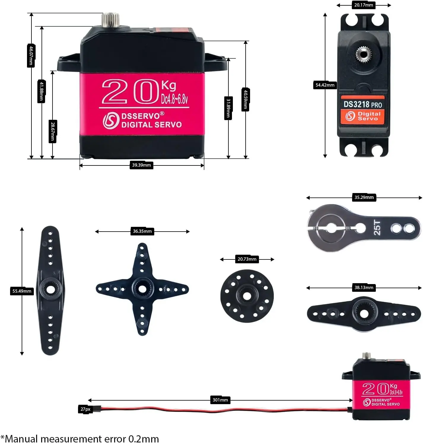 2PCS 20KG Dsservo Standard Digital RC Servo DS3218 Pro Steel Gear 180/270 Degree Angle Controllable For 1/8 1/10 Baja RC Cars
2PCS 20KG Dsservo Standard Digital RC Servo DS3218 Pro Steel Gear 180/270 Degree Angle Controllable For 1/8 1/10 Baja RC Cars