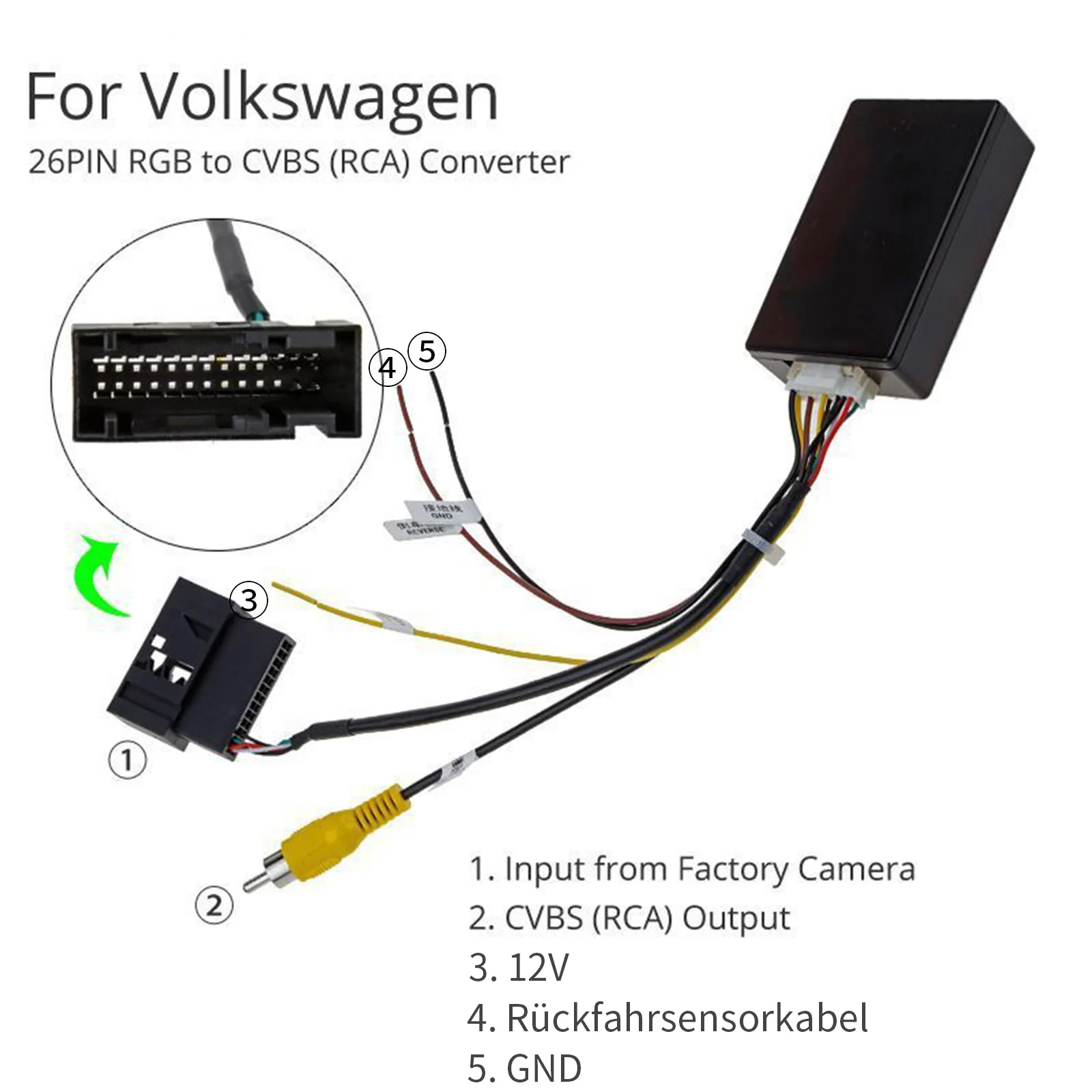 Декодер RGB в CVBS (RCA) AV для оригинальной 26-контактной камеры VW
Декодер RGB в CVBS (RCA) AV для оригинальной 26-контактной камеры VW