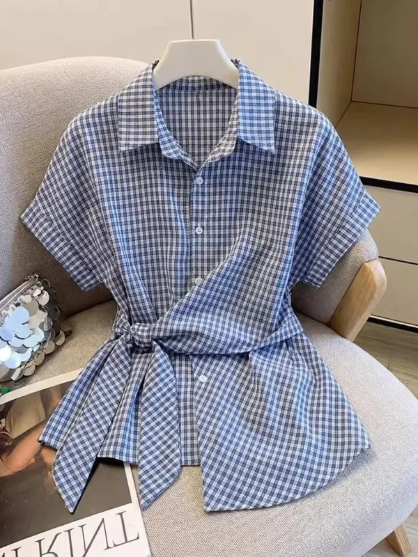 Light Blue Plaid Short Sleeve Shirt Women's Summer New plus Size Tie Waist Korean Style Commute Wind Loose Fit Shirt
Light Blue Plaid Short Sleeve Shirt Women's Summer New plus Size Tie Waist Korean Style Commute Wind Loose Fit Shirt