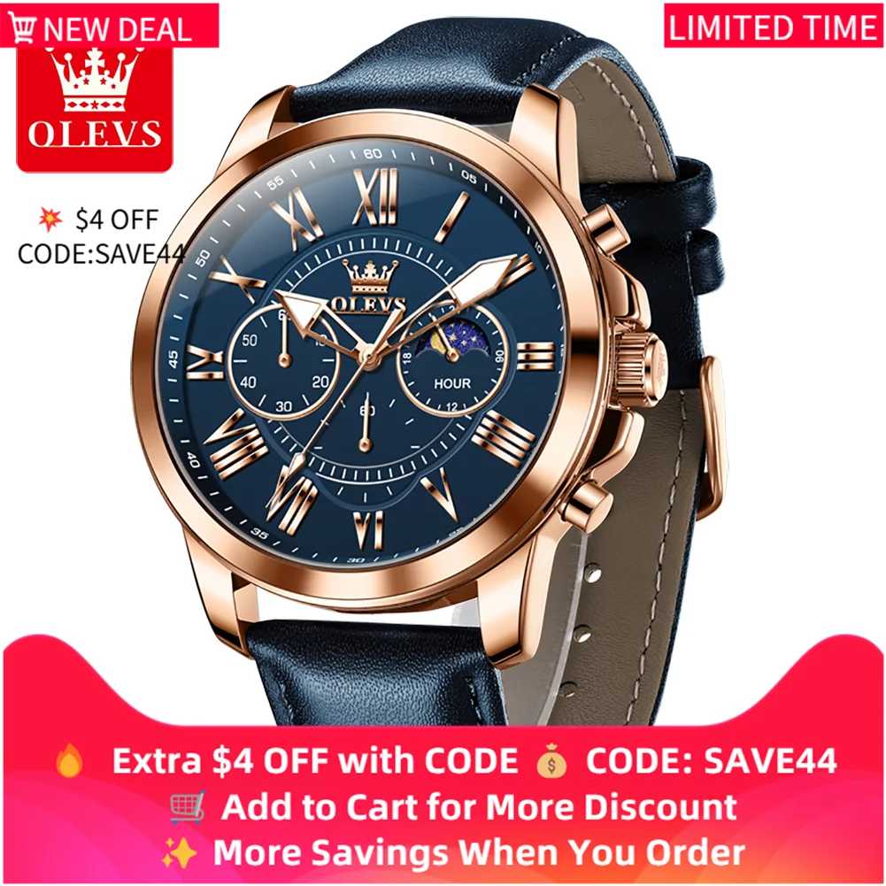 OLEVS 3632 Original fashion Men's Watches Luxury Waterproof Leather Strap Moon phase Quartz Luminous Man Watch 45.5MM Big Dial
OLEVS 3632 Original fashion Men's Watches Luxury Waterproof Leather Strap Moon phase Quartz Luminous Man Watch 45.5MM Big Dial