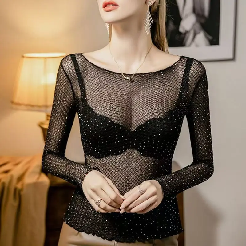 Sexy Transparent Lace Shirt Women Blouse Casual Loose Diamond Long Sleeved Basic Top See Through Blouses Black
Sexy Transparent Lace Shirt Women Blouse Casual Loose Diamond Long Sleeved Basic Top See Through Blouses Black