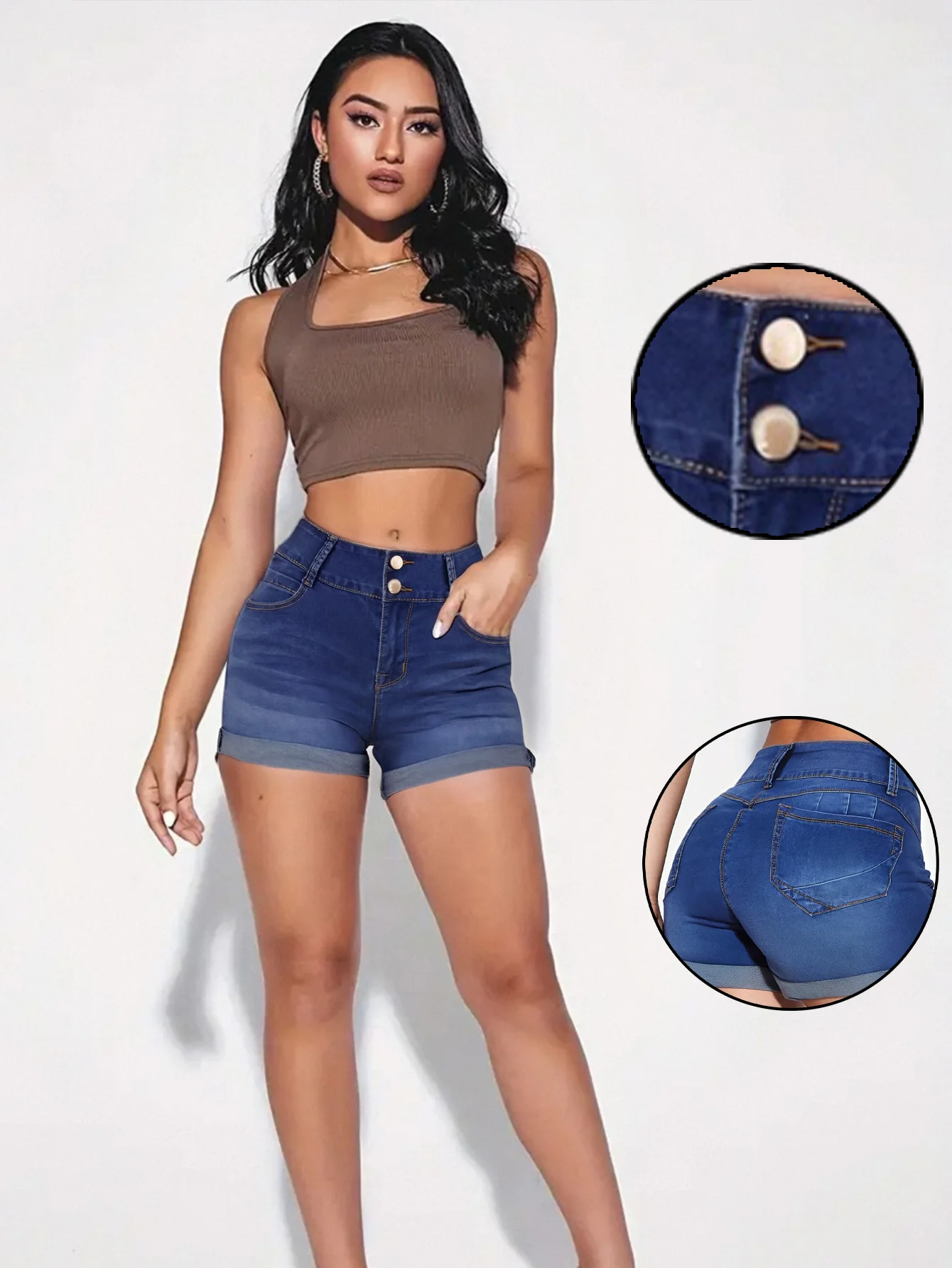 Women's casual stretch denim shorts, figure-hugging with butt-lifting design, rolled hem, ideal for summer casual wear
Women's casual stretch denim shorts, figure-hugging with butt-lifting design, rolled hem, ideal for summer casual wear