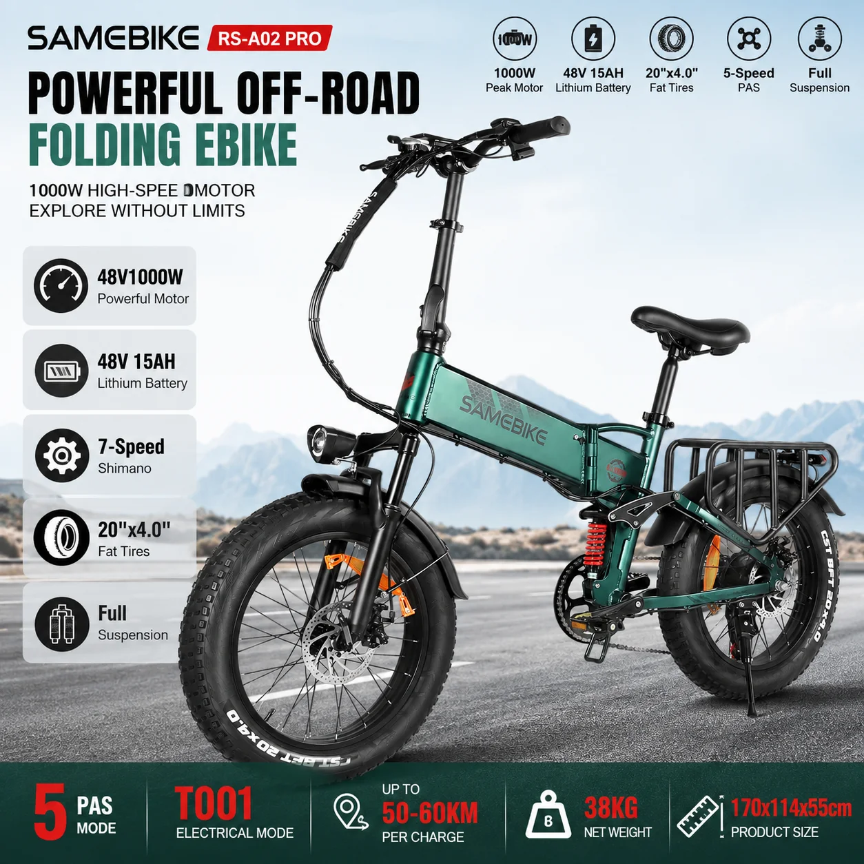 SAMEBIKE RS-A02 Pro Foldable Electric Commuter Bike 1000W Motor 48V 15Ah Battery Shimano 7-Speed 20”x4.0” Fat Tire E-Bike
SAMEBIKE RS-A02 Pro Foldable Electric Commuter Bike 1000W Motor 48V 15Ah Battery Shimano 7-Speed 20”x4.0” Fat Tire E-Bike