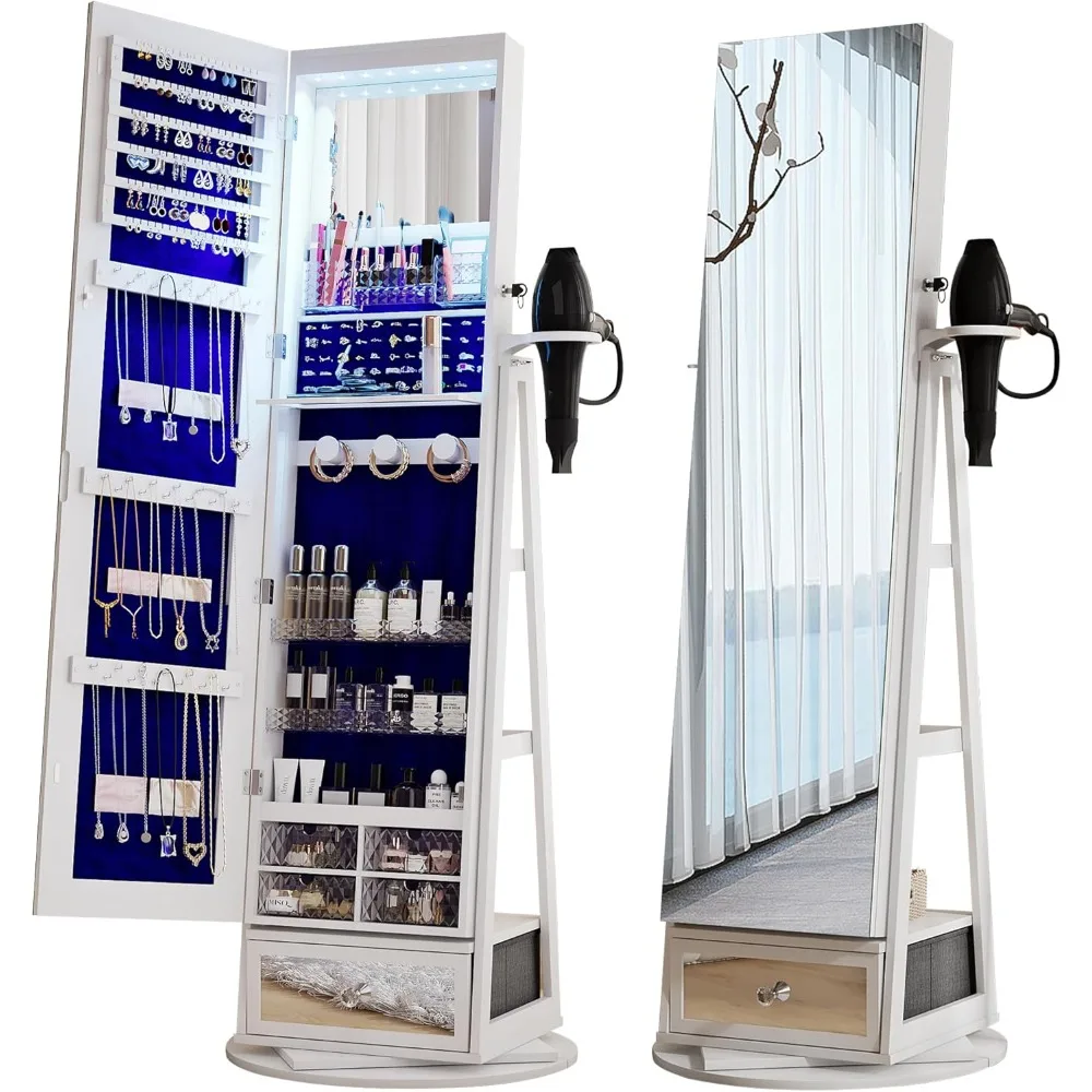 Full-Length Mirror with Jewelry Storage, 360° Swivel Standing Jewelry Cabinet with Lights, Rotatable Standing Jewelry Armoire
Full-Length Mirror with Jewelry Storage, 360° Swivel Standing Jewelry Cabinet with Lights, Rotatable Standing Jewelry Armoire