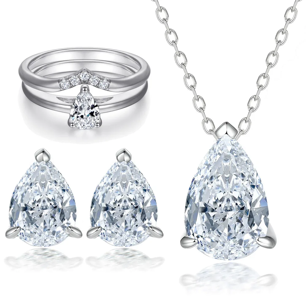 S925 pure silver plated 18K gold PT950 platinum pear shaped gemstone earring set, water droplet pendant necklace ring set
S925 pure silver plated 18K gold PT950 platinum pear shaped gemstone earring set, water droplet pendant necklace ring set