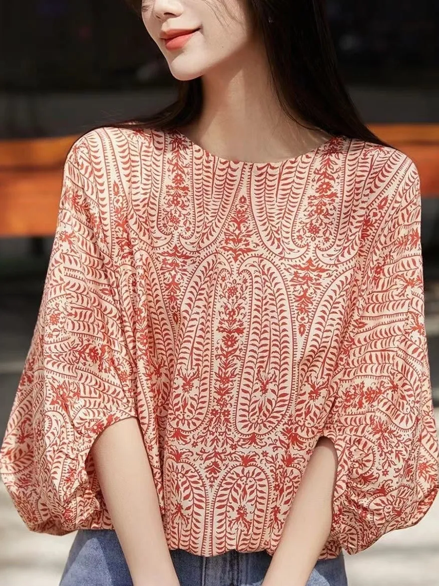 Fashionable Summer Batwing Sleeve Shirt Women's Top Knot Silk Cotton Blend Lightweight round Neck Printed Blouse
Fashionable Summer Batwing Sleeve Shirt Women's Top Knot Silk Cotton Blend Lightweight round Neck Printed Blouse