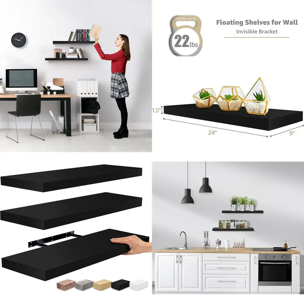 24 Wall-Mounted Floating Shelves for Bathroom, Bedroom, Kitchen, Living Room - 3-Pack Black Decorative Storage Shelves with Conc
24 Wall-Mounted Floating Shelves for Bathroom, Bedroom, Kitchen, Living Room - 3-Pack Black Decorative Storage Shelves with Conc