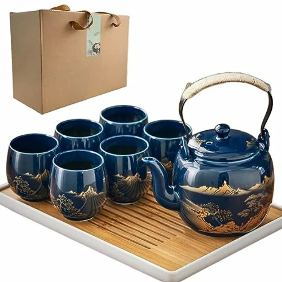 Japanese Tea Set of 6, 40oz Blue Porcelain Teapot and 6 Cups, Gold Hand-Painted Teaware with Stainless Steel Infuser and Tray,
Japanese Tea Set of 6, 40oz Blue Porcelain Teapot and 6 Cups, Gold Hand-Painted Teaware with Stainless Steel Infuser and Tray,