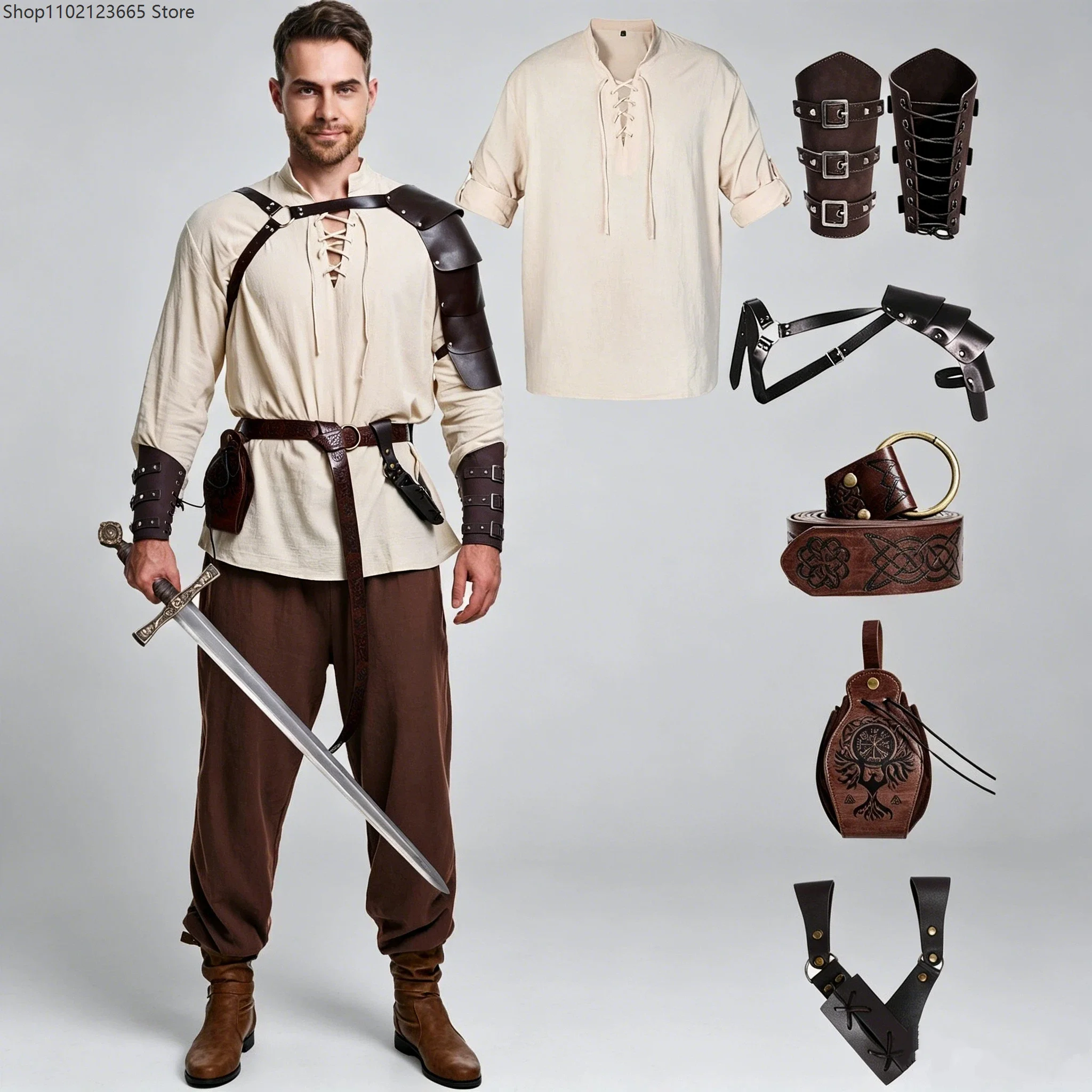 7-piece Men's Renaissance Costume Adult Halloween Medieval Pirate Shirt Viking Costume Waist Bag Wristbands And Accessories Set
7-piece Men's Renaissance Costume Adult Halloween Medieval Pirate Shirt Viking Costume Waist Bag Wristbands And Accessories Set