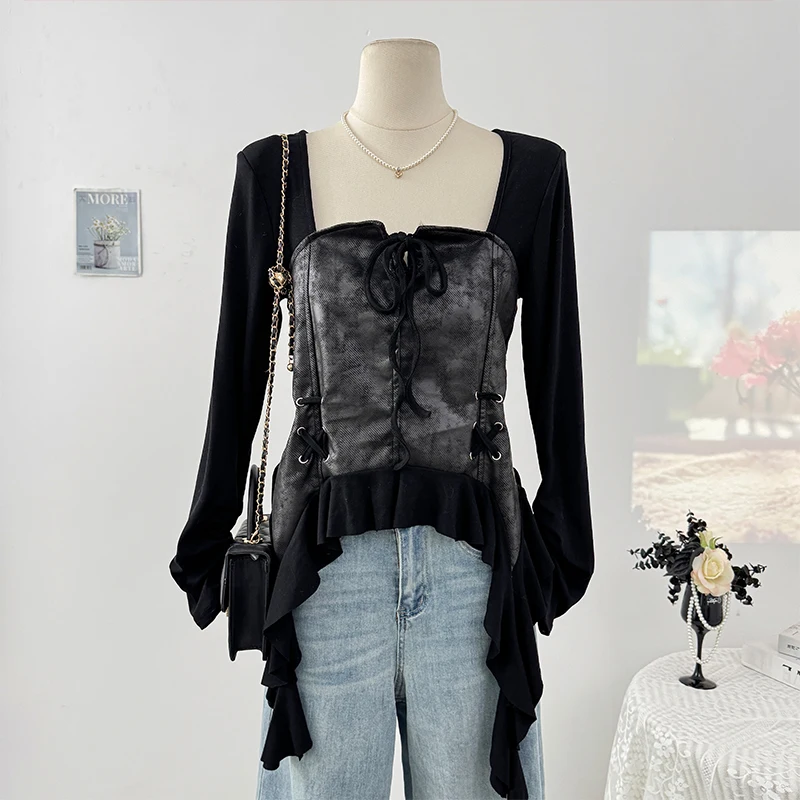 French Style Blackirregularity Sexy Square Collar Slimmingtopswomen's Spring Autumn Waist-fitted Puff Sleeve Cool Trendy Shirts
French Style Blackirregularity Sexy Square Collar Slimmingtopswomen's Spring Autumn Waist-fitted Puff Sleeve Cool Trendy Shirts