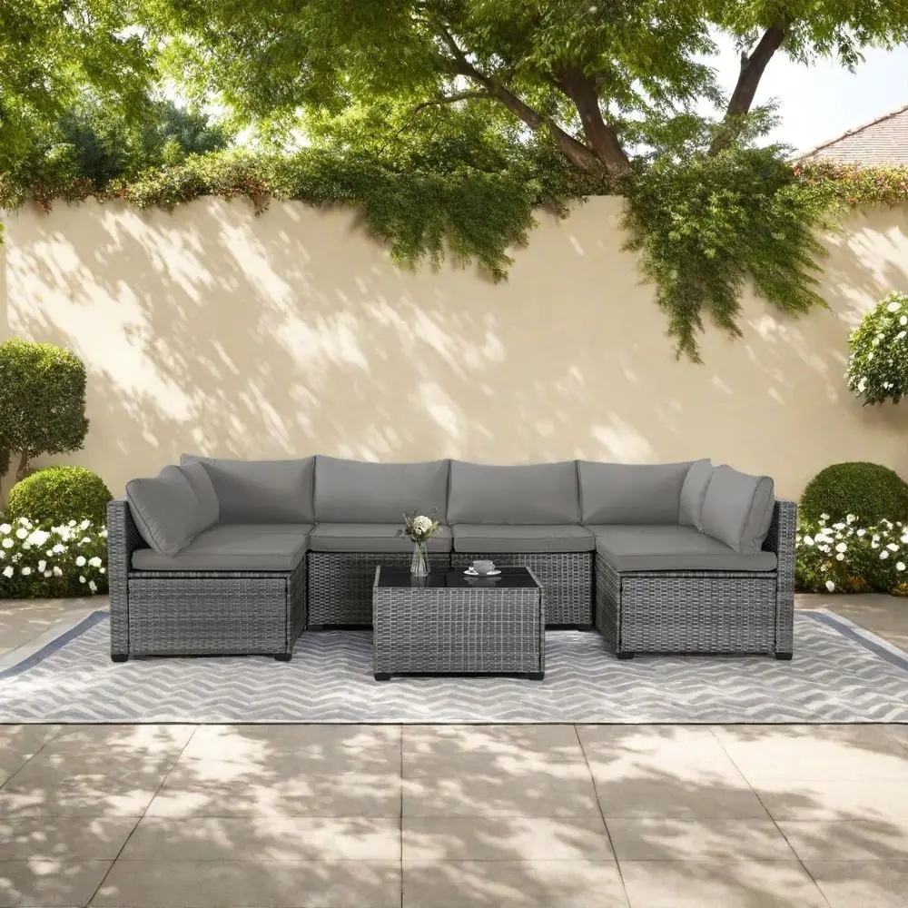 Gray 7-Piece Outdoor Wicker Sectional Patio Set with Glass Top Coffee Table and All-Weather Cushions
Gray 7-Piece Outdoor Wicker Sectional Patio Set with Glass Top Coffee Table and All-Weather Cushions