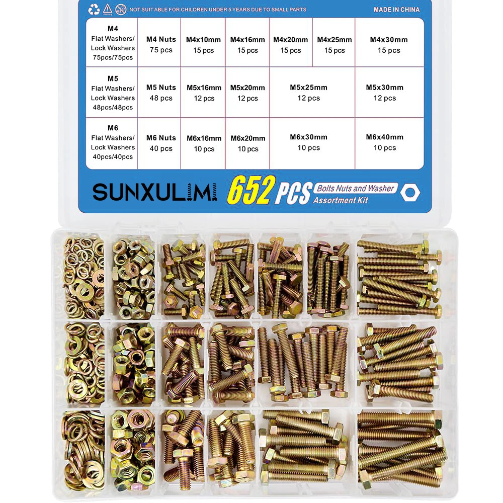 652PCS Grade 8.8 M4 M5 M6 Heavy Duty Bolts and Nuts Assortment Kit Includes 13 Most Common Sizes
652PCS Grade 8.8 M4 M5 M6 Heavy Duty Bolts and Nuts Assortment Kit Includes 13 Most Common Sizes