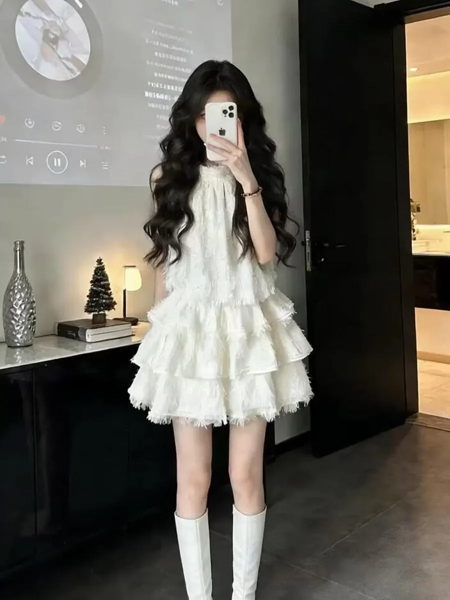 Sweet Princess Style Short Puffy Skirt Dress White Sleeveless High Waist Baked Cake Design Women's Summer Fashion Dress
Sweet Princess Style Short Puffy Skirt Dress White Sleeveless High Waist Baked Cake Design Women's Summer Fashion Dress