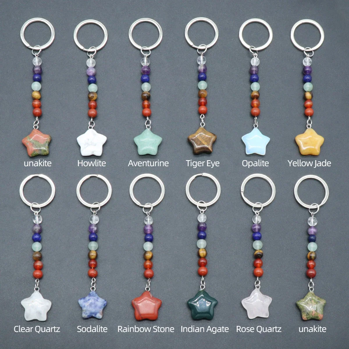 10PCS Natural Rose quartz Unakite Green Aventurine Stars Shaped Pendant Keychain Reiki 7 Chakra Hanging Key Ring Holder Gift
10PCS Natural Rose quartz Unakite Green Aventurine Stars Shaped Pendant Keychain Reiki 7 Chakra Hanging Key Ring Holder Gift