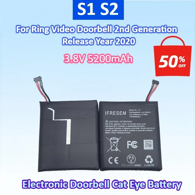 New 2PCS 3.8V 5200mAh S1 S2 for Ring Video Doorbell 2nd Generation Release Year 2020 S1 S2 Digital Battery
New 2PCS 3.8V 5200mAh S1 S2 for Ring Video Doorbell 2nd Generation Release Year 2020 S1 S2 Digital Battery