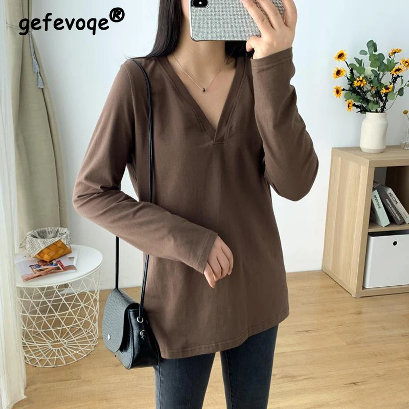 New Spring Autumn Women's Clothing Simple Casual Solid Tunic Basic T-shirts Female Casual V Neck Long Sleeve Loose Pullover Tops
New Spring Autumn Women's Clothing Simple Casual Solid Tunic Basic T-shirts Female Casual V Neck Long Sleeve Loose Pullover Tops