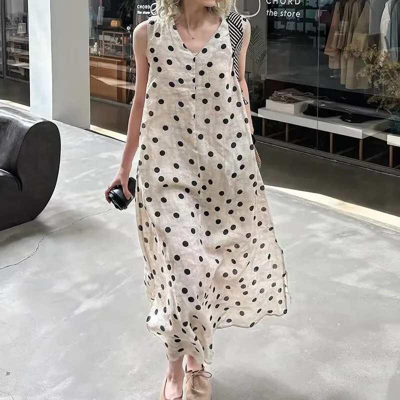 Summer 2026 V-neck Polka Dot Cotton Linen Casual Dress Loose Vacation Style Retro Women Oversized Vest Dress F936
Summer 2026 V-neck Polka Dot Cotton Linen Casual Dress Loose Vacation Style Retro Women Oversized Vest Dress F936