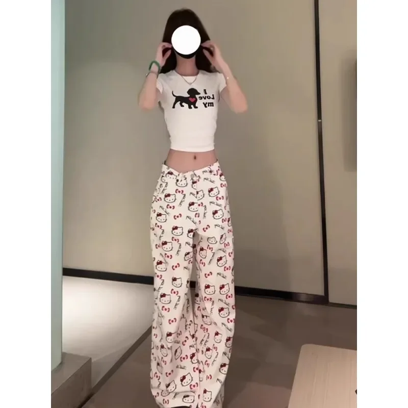Джинсы с принтом «Hello Kitty», женские летние новые свободные и тонкие широкие брюки, пижамы Hello Kitty, белая домашняя одежда
Джинсы с принтом «Hello Kitty», женские летние новые свободные и тонкие широкие брюки, пижамы Hello Kitty, белая домашняя одежда